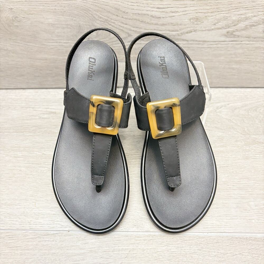 OluKai La'i T-Bar Sandals Black Slingback Tortoiseshell Buckle Sandal Size 8 - Picture 8 of 11